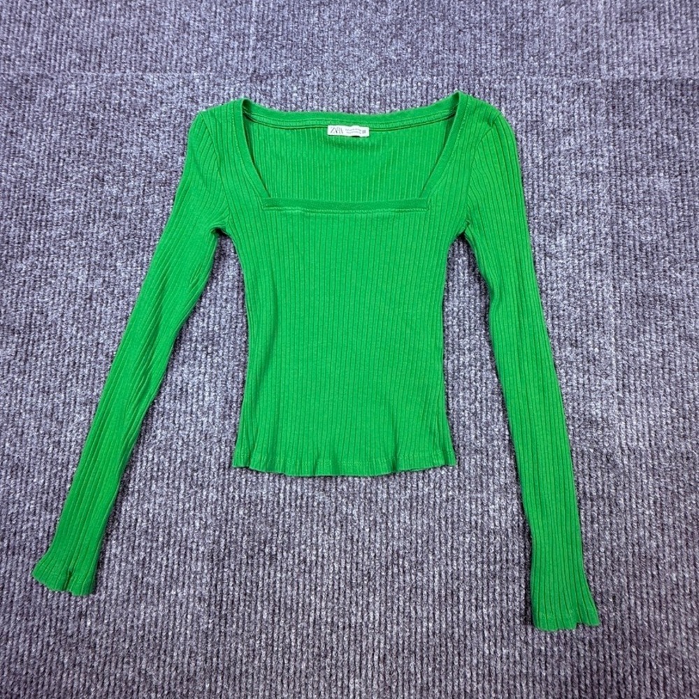 Zara Womens‎ Ribbed Square Neck Long Sleeve Top Green XS Slim Fit